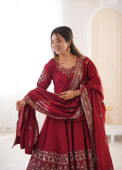 Premium Roman Silk Three‑Piece Anarkali Gown Set