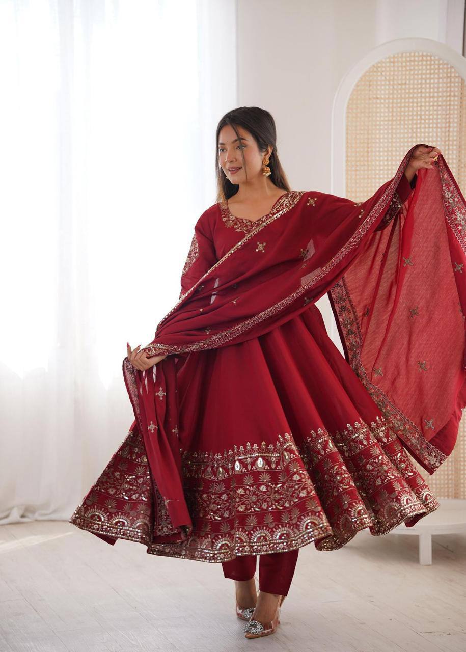 Premium Roman Silk Three‑Piece Anarkali Gown Set