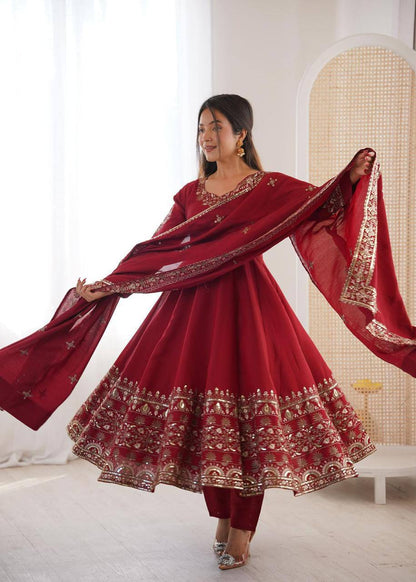 Premium Roman Silk Three‑Piece Anarkali Gown Set