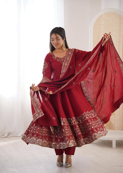 Premium Roman Silk Three‑Piece Anarkali Gown Set