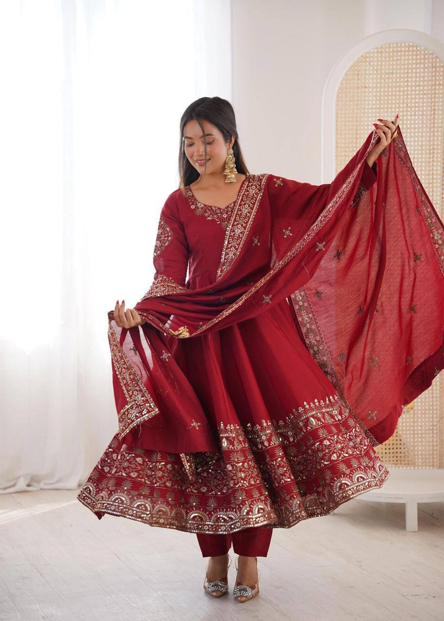 Premium Roman Silk Anarkali Gown, Bottom & Dupatta Set