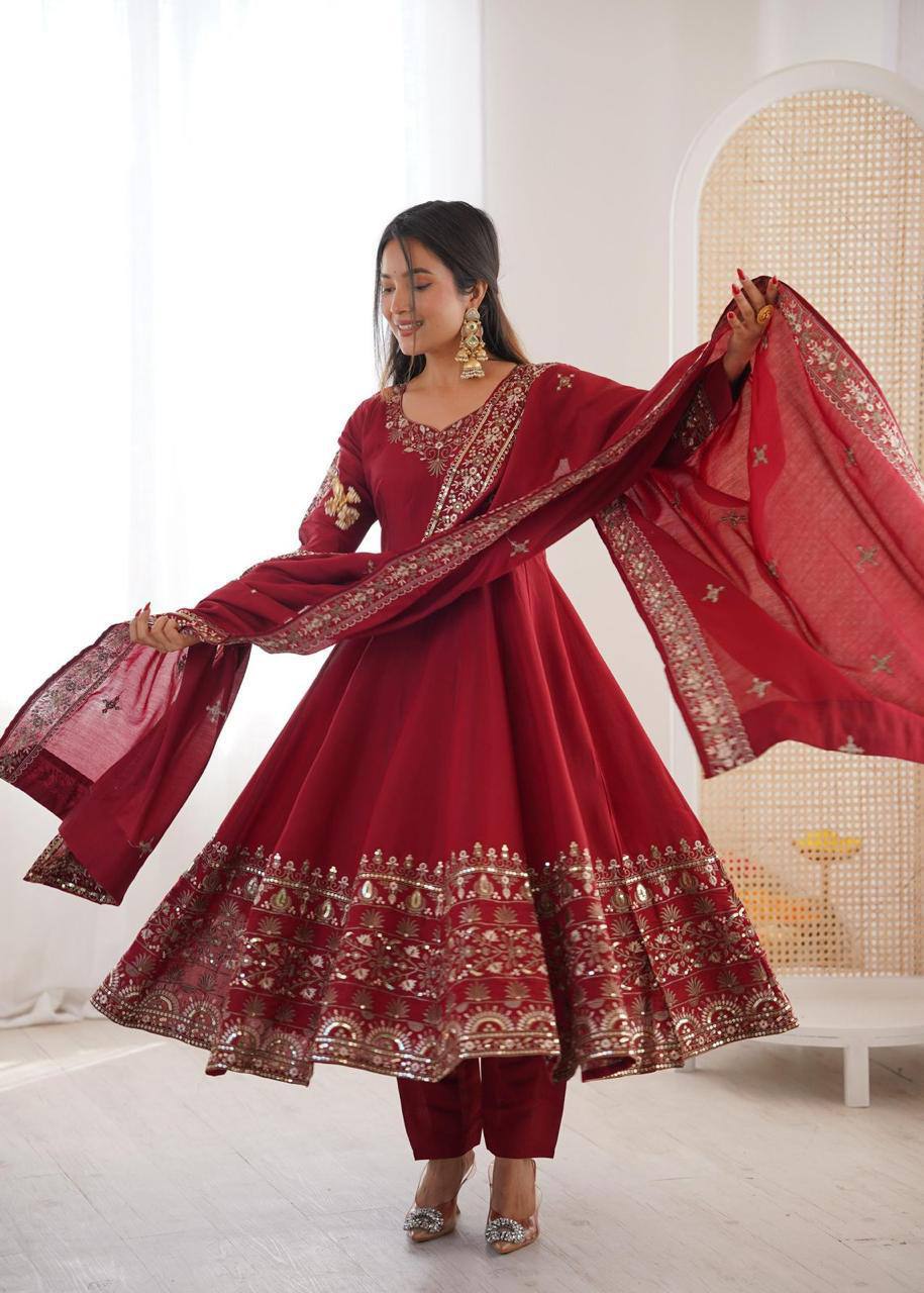 Premium Roman Silk Anarkali Gown, Bottom & Dupatta Set