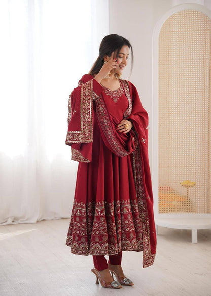 Premium Roman Silk Anarkali Gown, Bottom & Dupatta Set