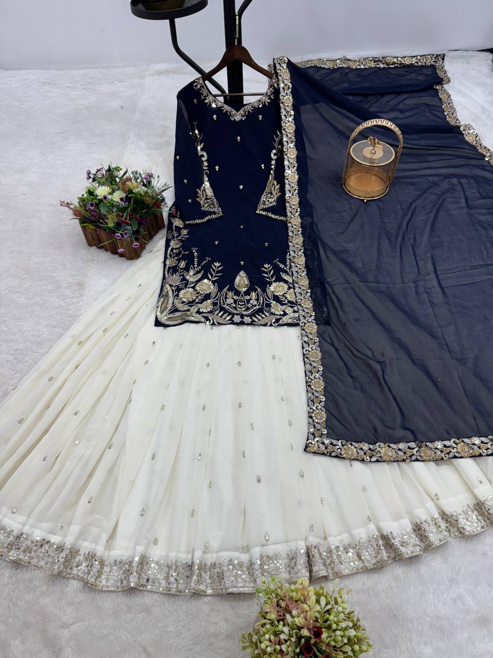 Premium Faux Georgette Top, Contrast Lehenga & Dupatta Set