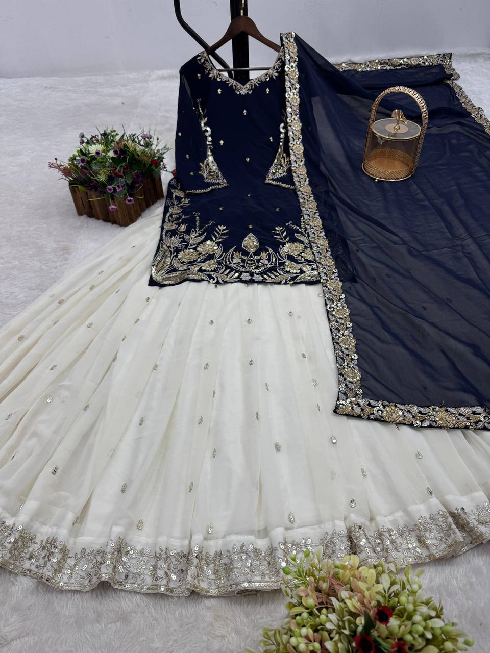 Premium Faux Georgette Top, Contrast Lehenga & Dupatta Set