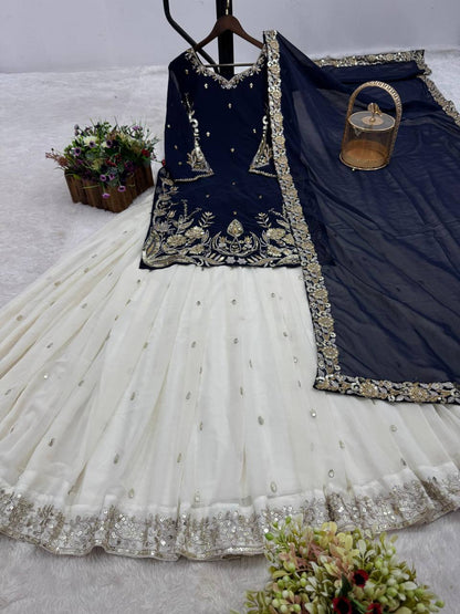 Premium Faux Georgette Top, Contrast Lehenga & Dupatta Set