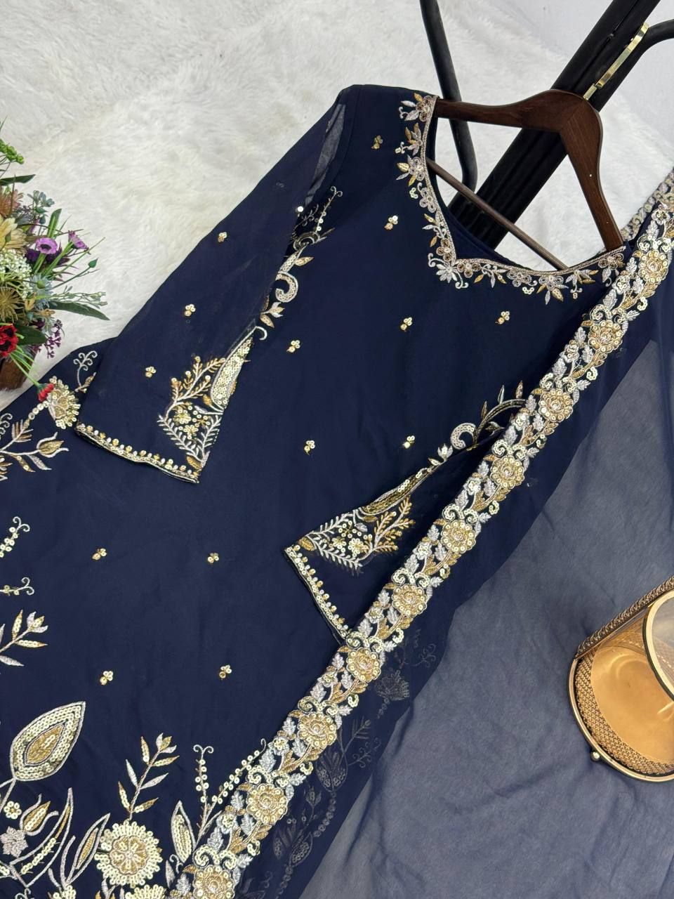 Premium Faux Georgette Top, Contrast Lehenga & Dupatta Set