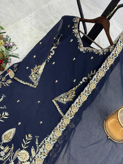 Premium Faux Georgette Top, Contrast Lehenga & Dupatta Set