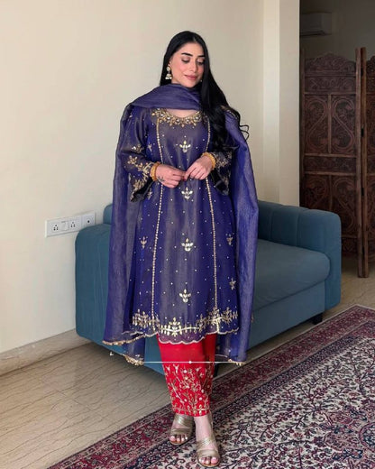 Designer Heavy Gold Crush Silk Top Plazzo Set – Embroidery Sequins & Rivet Moti