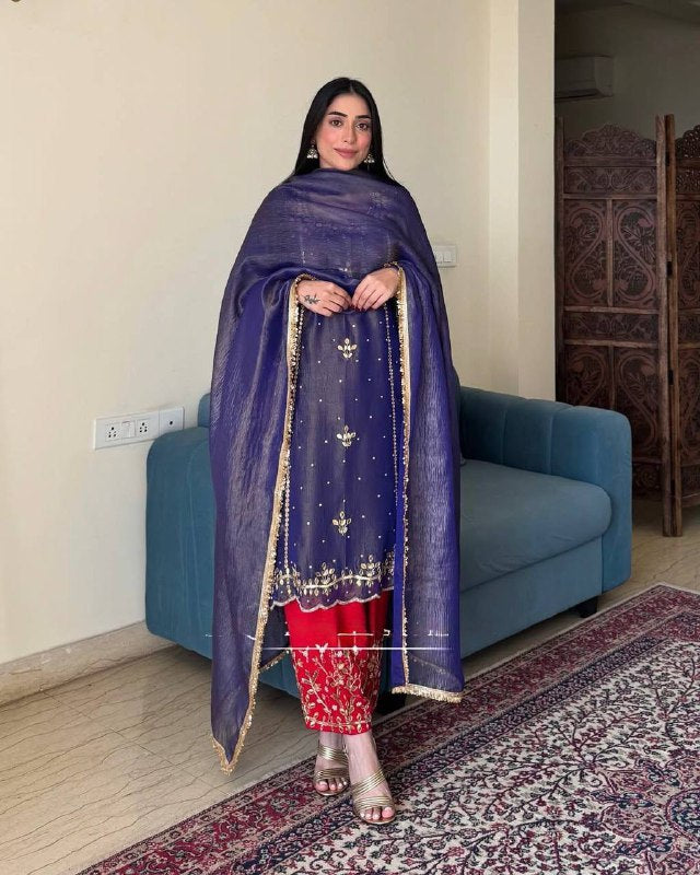 Designer Heavy Gold Crush Silk Top Plazzo Set – Embroidery Sequins & Rivet Moti