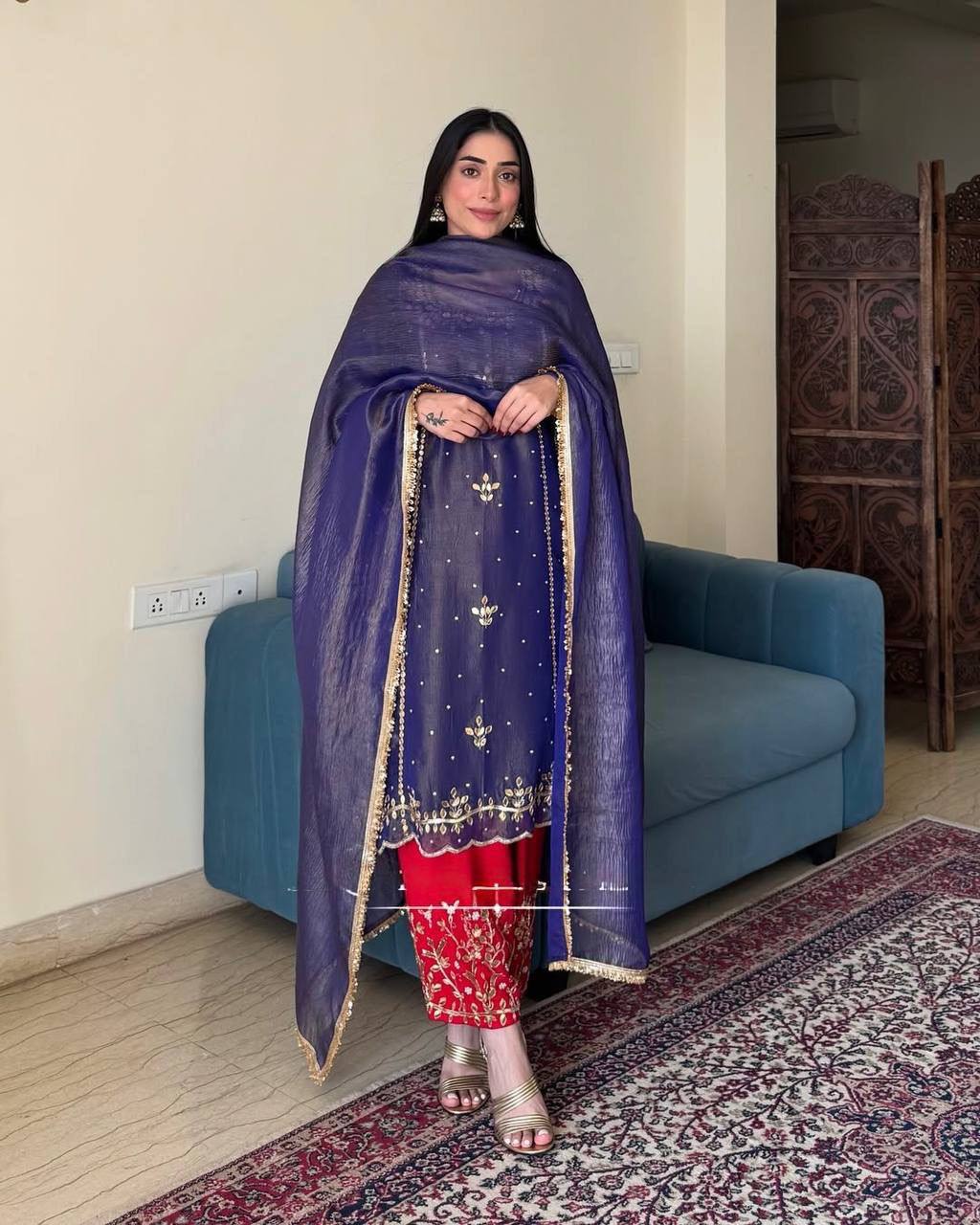 Premium Heavy Gold Crush Silk Top, Plazzo & Dupatta Set