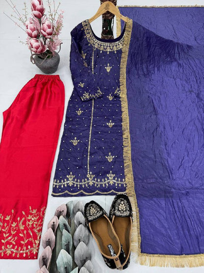 Designer Heavy Gold Crush Silk Top Plazzo Set – Embroidery Sequins & Rivet Moti