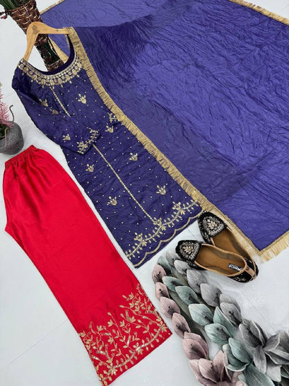 Designer Heavy Gold Crush Silk Top Plazzo Set – Embroidery Sequins & Rivet Moti