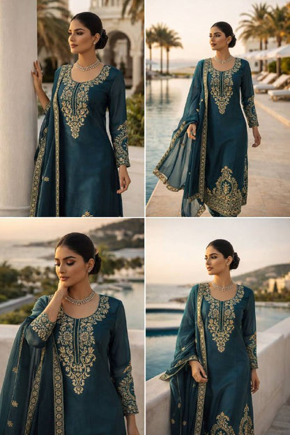 JMC Silk Top Plazzo Set – Thread Embroidery Work with Dupatta