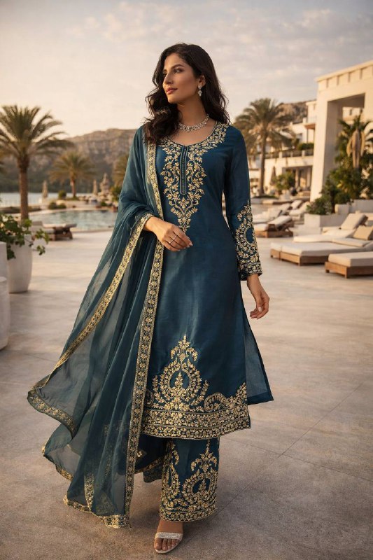 JMC Silk Top Plazzo Set – Thread Embroidery Work with Dupatta