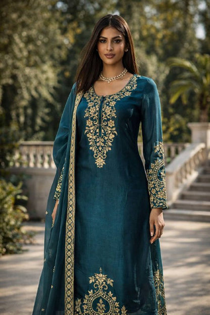 JMC Silk Top Plazzo Set – Thread Embroidery Work with Dupatta