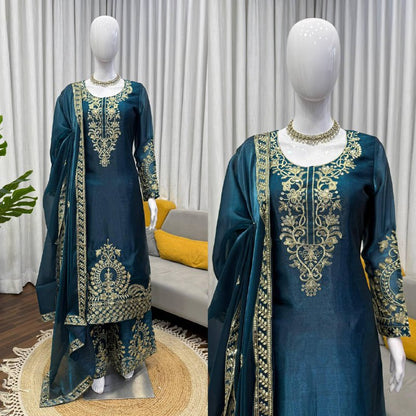 JMC Silk Top Plazzo Set – Thread Embroidery Work with Dupatta
