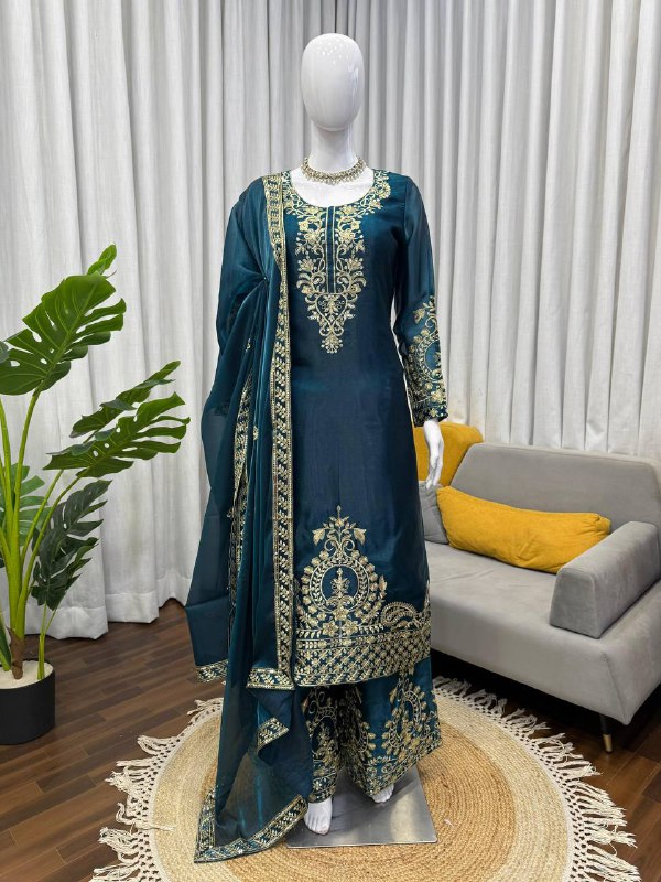 JMC Silk Top Plazzo Set – Thread Embroidery Work with Dupatta