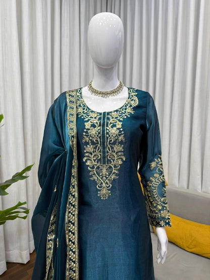 JMC Silk Top Plazzo Set – Thread Embroidery Work with Dupatta