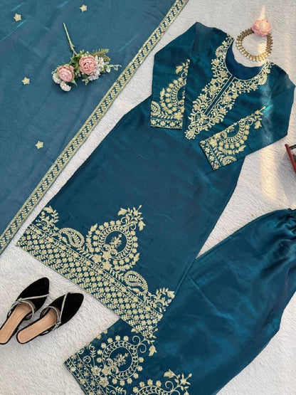 Premium JMC Silk Top, Plazzo & Dupatta Set