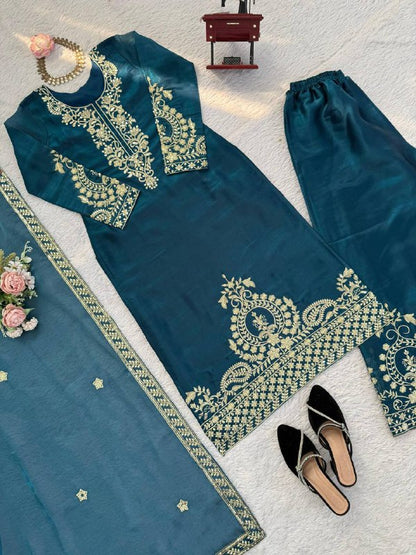 Premium JMC Silk Top, Plazzo & Dupatta Set