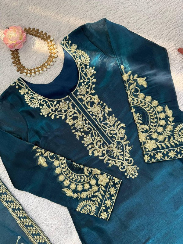 JMC Silk Top Plazzo Set – Thread Embroidery Work with Dupatta