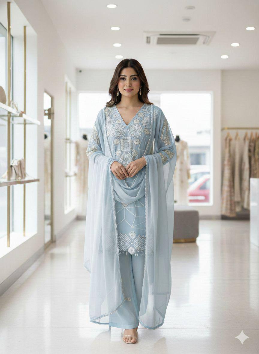 Eid Exclusive Georgette Top Plazzo Set – Sequins Embroidery Work with Dupatta