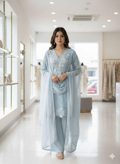 Eid Exclusive Georgette Top Plazzo Set – Sequins Embroidery Work with Dupatta