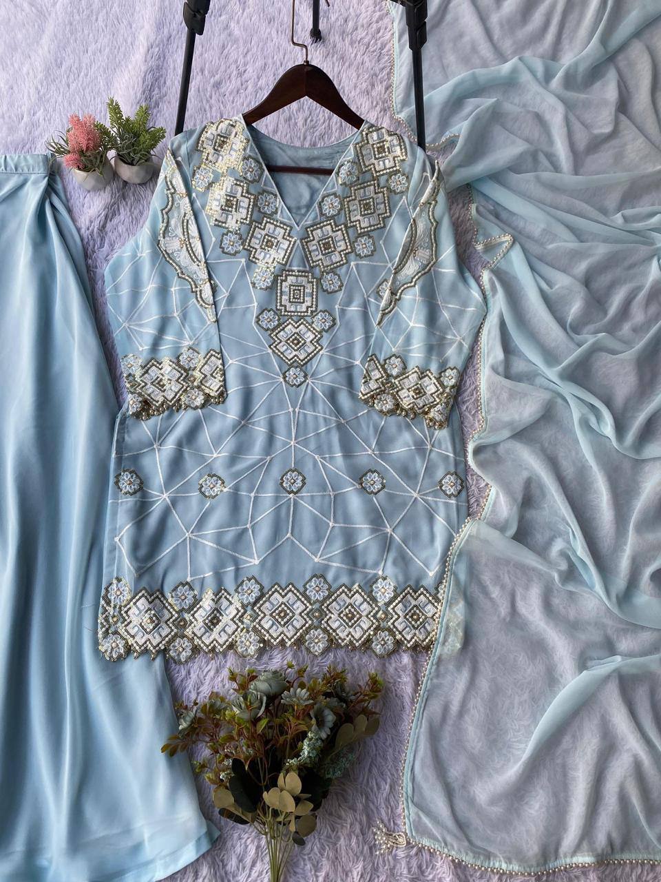 Eid Exclusive Georgette Top Plazzo Set – Sequins Embroidery Work with Dupatta