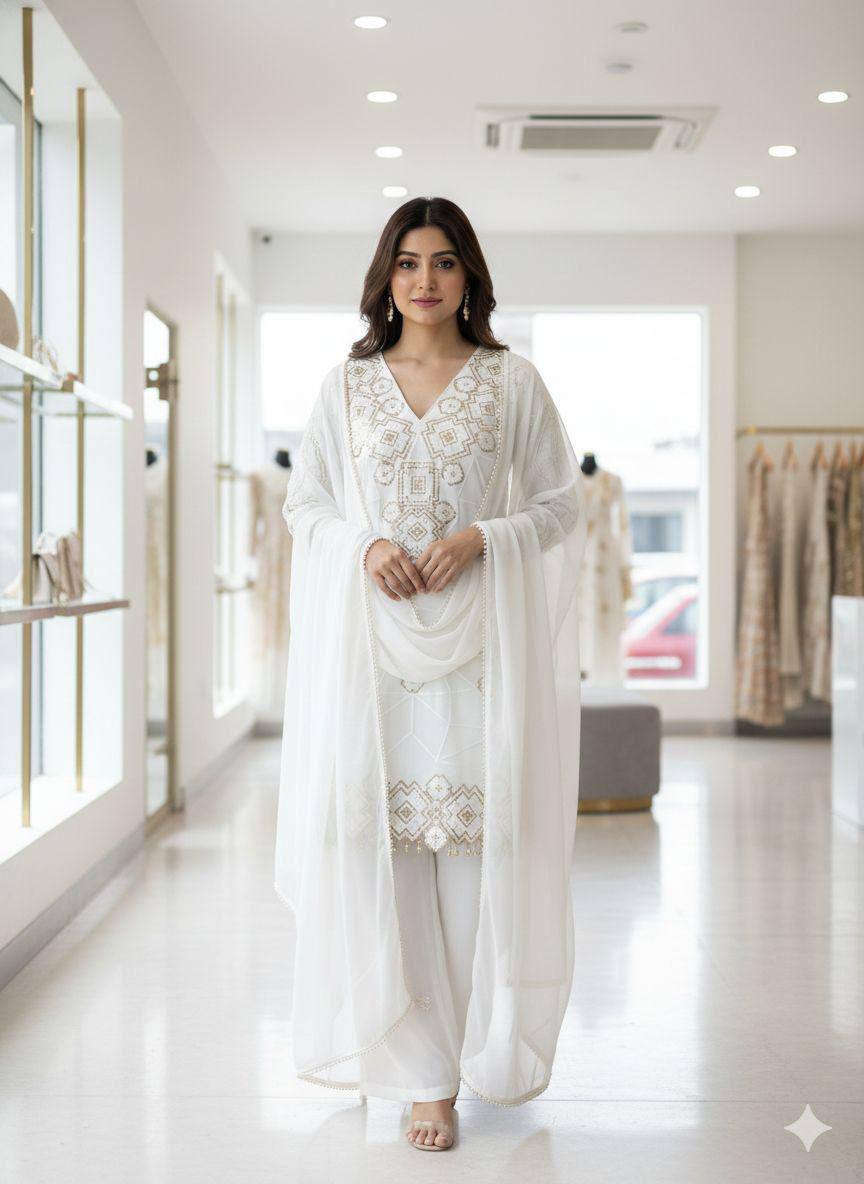Eid Exclusive Georgette Top Plazzo Set – Sequins Embroidery Work with Dupatta