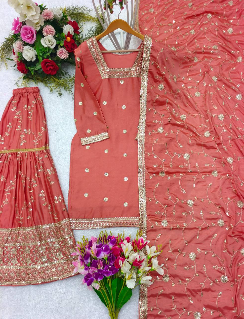 Premium Heavy Chinon Silk Top, Sarara & Dupatta Set