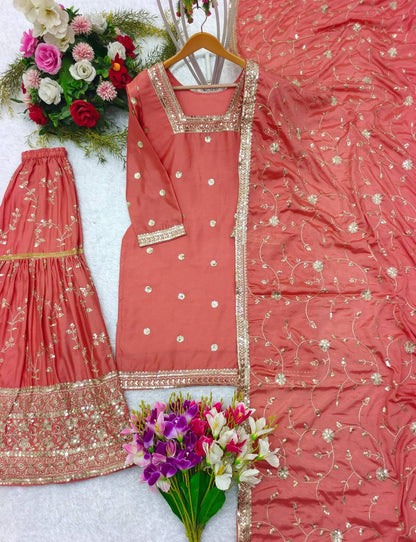 Premium Heavy Chinon Silk Top, Sarara & Dupatta Set