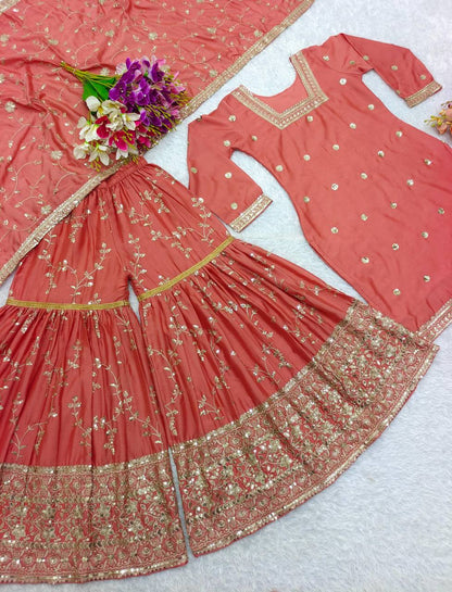 Premium Heavy Chinon Silk Top, Sarara & Dupatta Set