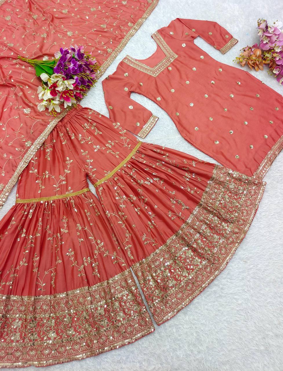 Premium Heavy Chinon Silk Top, Sarara & Dupatta Set