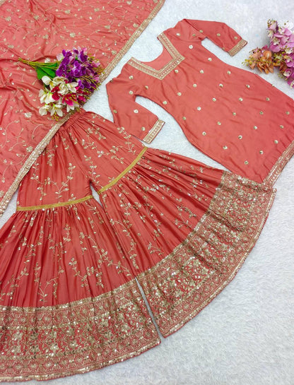 Premium Heavy Chinon Silk Top, Sarara & Dupatta Set
