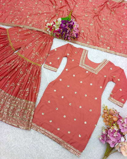 Premium Heavy Chinon Silk Top, Sarara & Dupatta Set