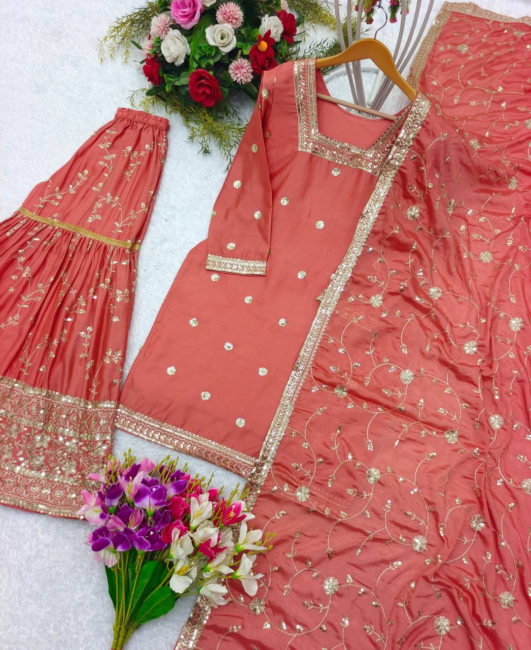 Premium Heavy Chinon Silk Top, Sarara & Dupatta Set