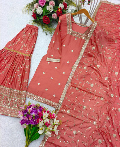 Premium Heavy Chinon Silk Top, Sarara & Dupatta Set