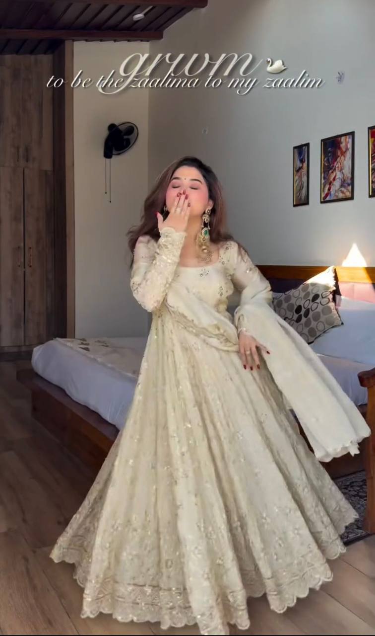 Premium Cinon Silk Gown, Pant & Dupatta Set – Sequins & Ravet Moti Embroidery Work