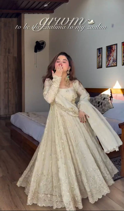 Premium Cinon Silk Gown, Pant & Dupatta Set – Sequins & Ravet Moti Embroidery Work