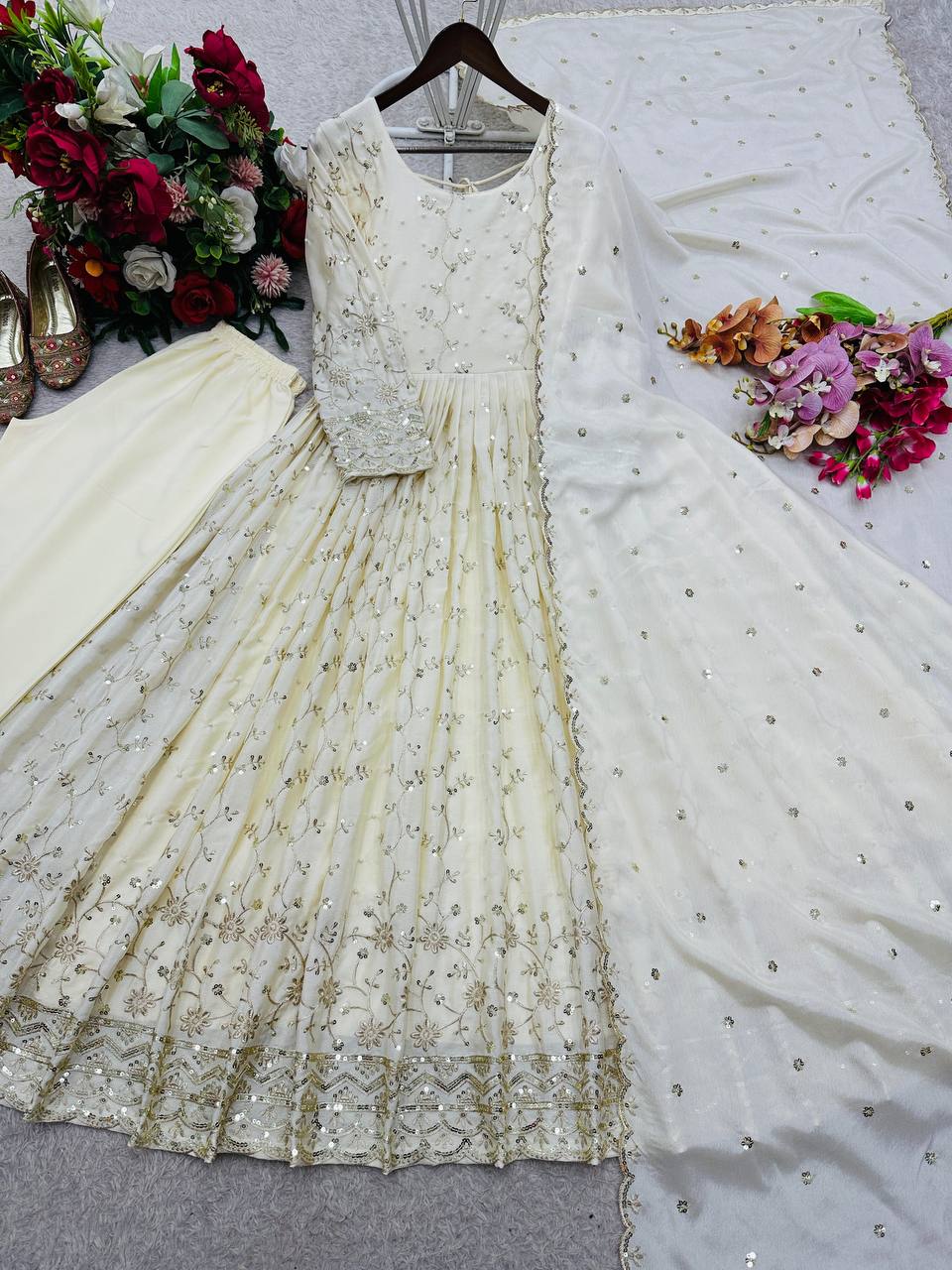 Premium Cinon Silk Gown, Pant & Dupatta Set – Sequins & Ravet Moti Embroidery Work