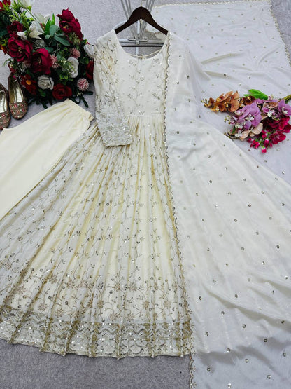 Premium Cinon Silk Gown, Pant & Dupatta Set – Sequins & Ravet Moti Embroidery Work