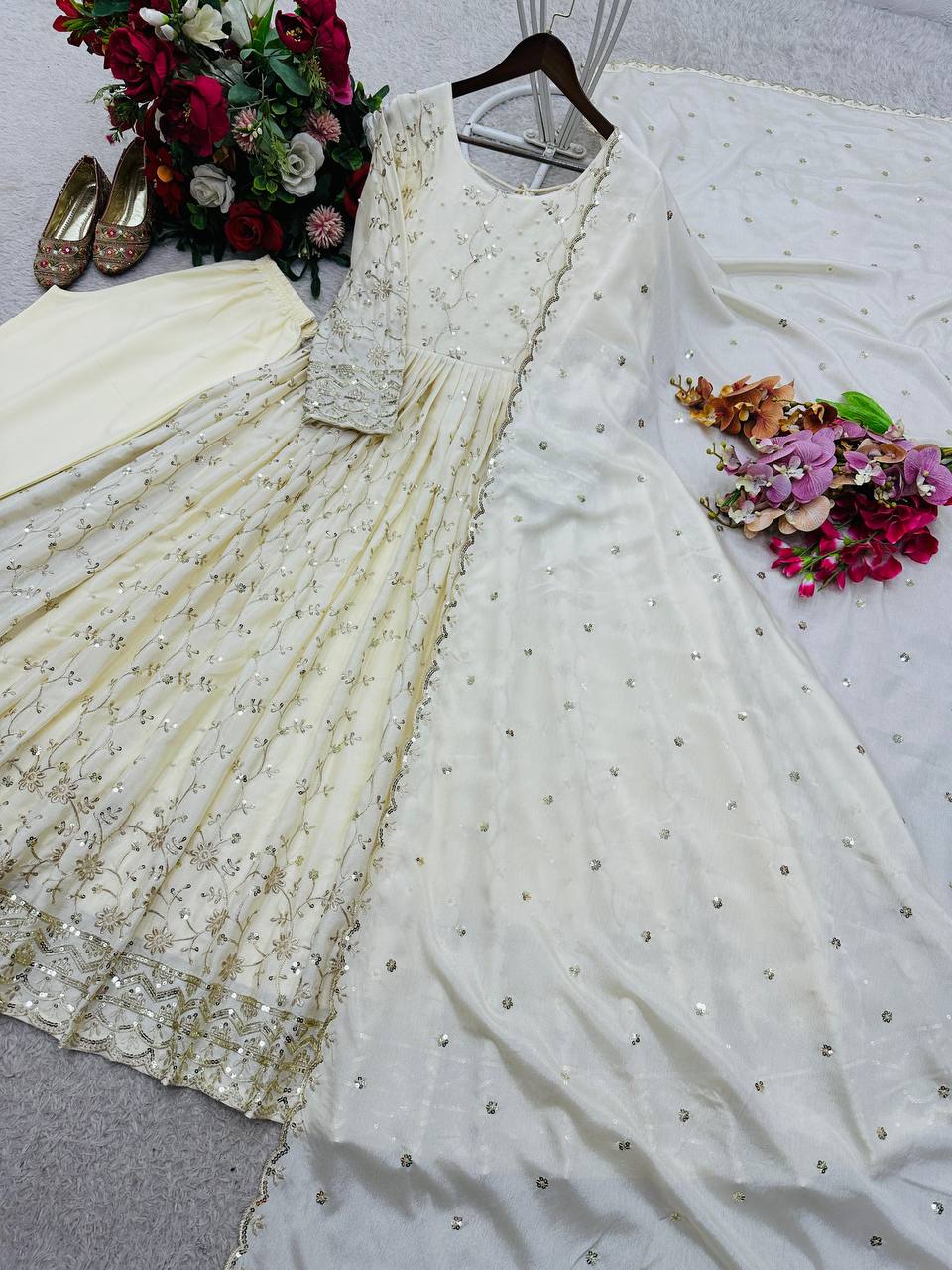 Premium Cinon Silk Gown, Pant & Dupatta Set – Sequins & Ravet Moti Embroidery Work