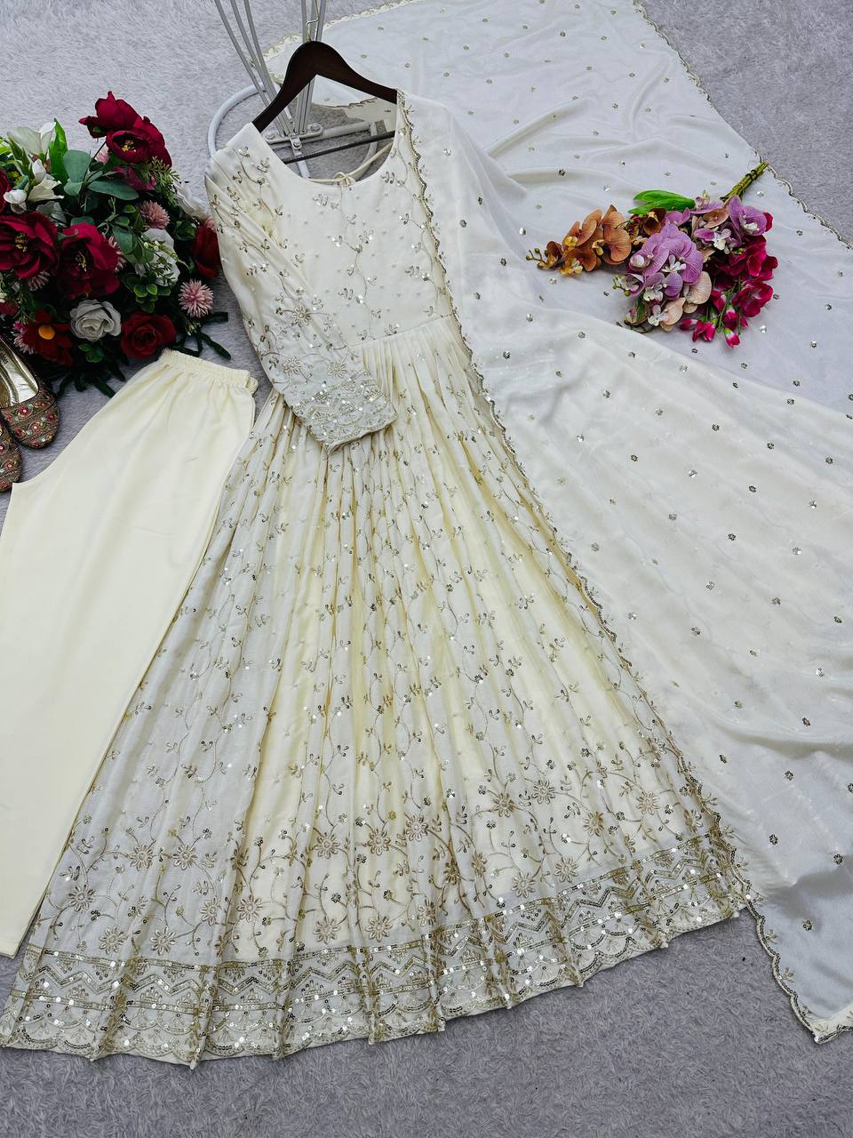 Premium Cinon Silk Gown, Pant & Dupatta Set – Sequins & Ravet Moti Embroidery Work