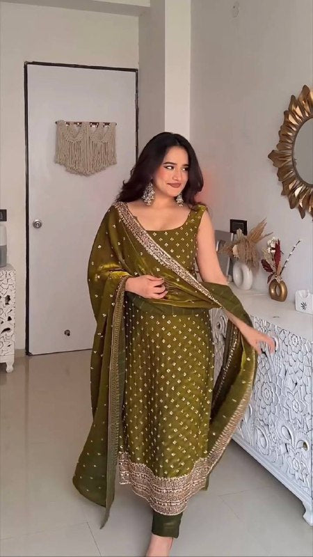 Premium Heavy Fendy Silk Top, Pant & Dupatta Set – Thread & Sequins Embroidery Work