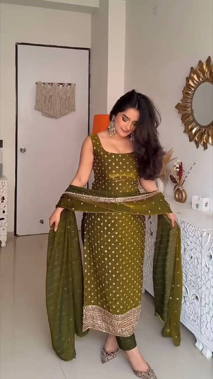 Premium Heavy Fendy Silk Top, Pant & Dupatta Set – Thread & Sequins Embroidery Work
