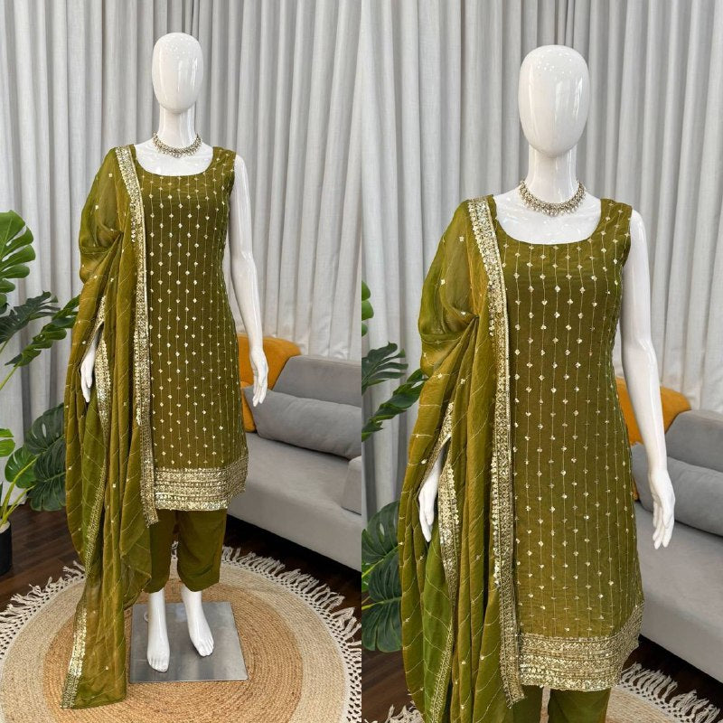 Premium Heavy Fendy Silk Top, Pant & Dupatta Set – Thread & Sequins Embroidery Work