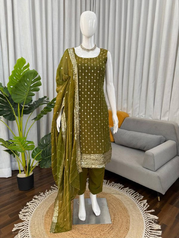 Premium Heavy Fendy Silk Top, Pant & Dupatta Set – Thread & Sequins Embroidery Work