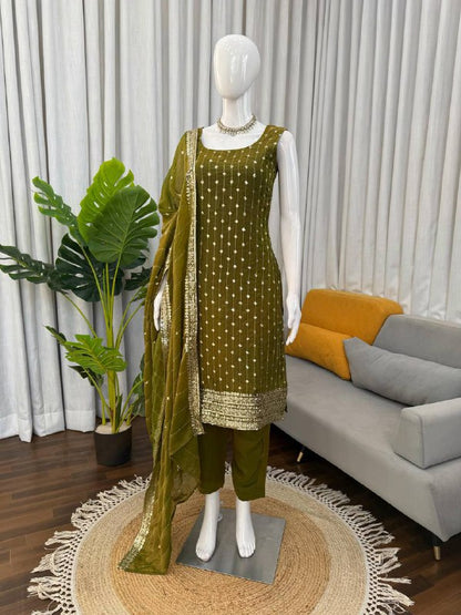 Premium Heavy Fendy Silk Top, Pant & Dupatta Set – Thread & Sequins Embroidery Work