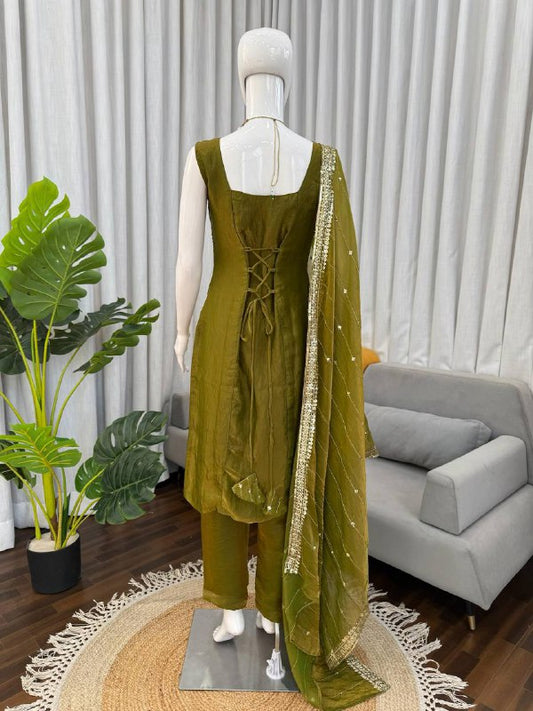 Premium Heavy Fendy Silk Top, Pant & Dupatta Set – Thread & Sequins Embroidery Work